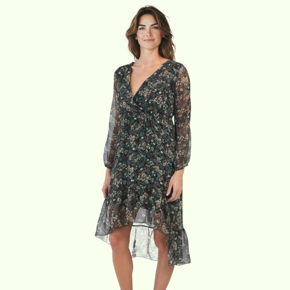 Elena Baldi Floral High Low Midi Dress XS Green Silk Blend Made in Italy Boho